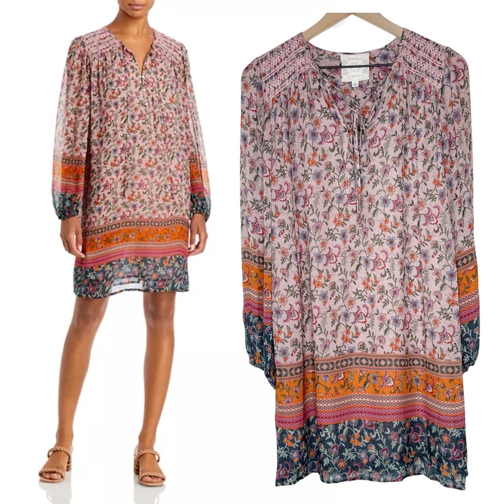 Johnny Was Jade Maha Mini Dress Pink Floral Long Sleeve size Small